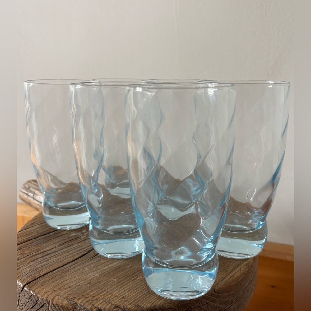 Vintage Handblown Ice Blue Swirl Highball Drinking Water Glasses